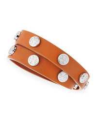 Tory Burch Logo Studded Leather Wrap Bracelet Brown
