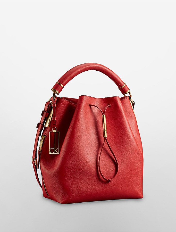 IJver sectie Maken Calvin Klein Galey Saffiano Leather Convertible Drawstring Bucket Bag, $248  | Calvin Klein | Lookastic