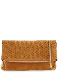 Neiman Marcus Distressed Woven Flap Top Clutch Bag Sand