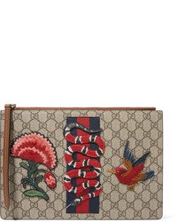 Gucci Merveilles Appliqud Coated Canvas And Leather Pouch Beige
