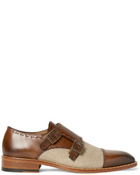 Etro Two Tone Burnished Leather And Canvas Monk Strap Shoes