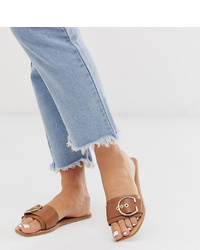 ASOS DESIGN Wide Fit Factual Leather Flat Sandals In Camel