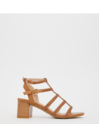 New Look Wide Fit Plaited Block Heeled Sandals In Tan