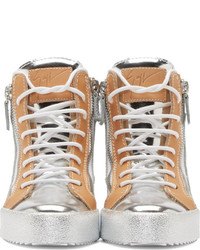 Giuseppe Zanotti Silver And Beige Leather May London Wedge Sneakers