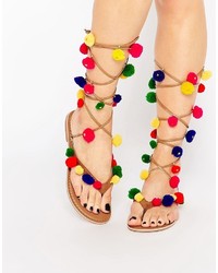 Glamorous Tan Tie Up Pom Pom Flat Sandals