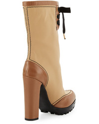 RED Valentino Leather Mid Calf Lace Up Boot Tan