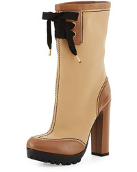 RED Valentino Leather Mid Calf Lace Up Boot Tan