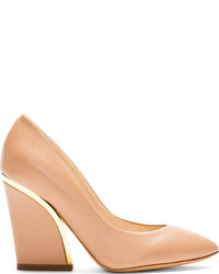 Chloé Nude Leather Gold Trimmed Heels
