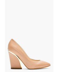 Chloé Nude Leather Gold Trimmed Heels