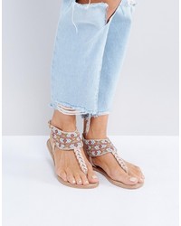 Pieces Beaded Nude Leather Sandals