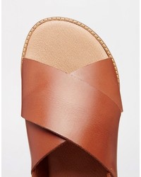 Asos Brand Sandals In Tan Leather With Cross Over Strap