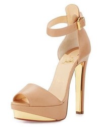 Christian Louboutin Tuctopen Leather Platform Red Sole Sandal Nudegold