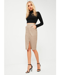 Missguided Nude Faux Leather Midi Pocket Skirt
