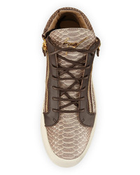 Giuseppe Zanotti Snake Embossed Leather Mid Top Sneaker Light Brown