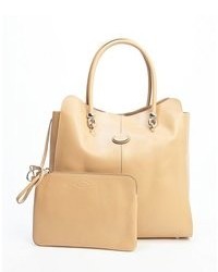 Tod's Beige Leather Logo Stamp Top Handle Large Tote