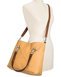 Cesca Faux Leather Two Tone Tote Handbag With Partial Chain Handles And Detachable Shoulder Strap Tan