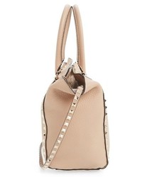 Valentino Rockstud Double Handle Leather Tote Beige