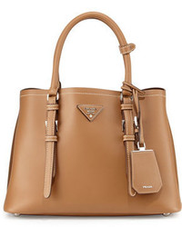 Prada Small Leather Double Tote Bag Beige