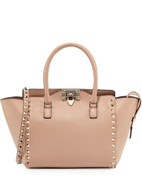 Valentino Small Shopper Double Handle Rockstud Tote Bag Taupe