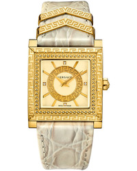 Versace 30mm Dv 25 Square Watch W Diamonds Leather Strap Beige