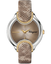 Salvatore Ferragamo 38mm Signature Watch W Diamonds Leather Strap Beige