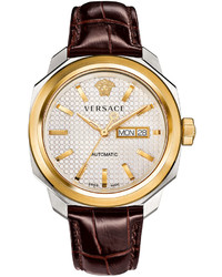 Versace 44mm Dylos Automatic Watch W Leather Strap Brown