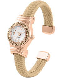 Fashion Watches Crystal Accent Tan Lizard Faux Leather Cuff Bangle Watch