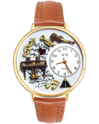 Whimsical Watches Personalized Piano Music Gold Tone Bezel Tan Leather Strap Watch