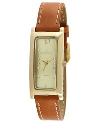 Peugeot Watches Peugeot Rectangle Crystal Marker Leather Strap Watch Goldtan