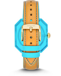 Fossil Wrist Pop Three Hand Date Leather Watch Tan With Blue