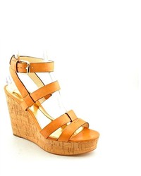 Coach Charla Tan Open Toe Leather Wedge Sandals Shoes
