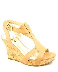 GUESS Priela Tan Open Toe Leather Wedge Sandals Shoes Newdisplay