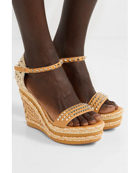 Christian Louboutin Madmonica 120 Spiked Raffia And Leather Espadrille Wedge Sandals