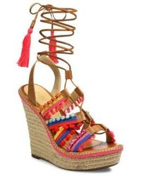 Schutz Mella Jeweled Leather Lace Up Espadrille Wedge Sandals
