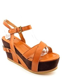 NYLA Alvar Tan Leather Wedge Sandals Shoes