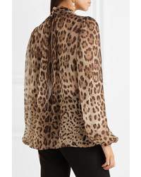 Dolce & Gabbana Pussy Bow Leopard Print Silk Chiffon Blouse Leopard Print