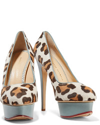 Charlotte Olympia Polly Leather Trimmed Leopard Print Calf Hair Pumps