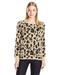 NY Collection Boat Neck Leopard Printed Feather Yarn Sweater Pullover