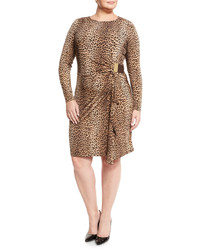 MICHAEL Michael Kors Michl Michl Kors Plus Logo Plate Long Sleeve Leopard Print Dress Caramel Plus Size