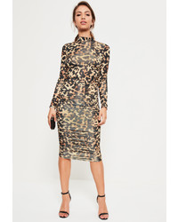 Missguided Brown Leopard High Neck Ruched Dress