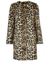 Topshop Collarless Faux Fur Coat In All Over Leopard Print With Front Popper Fastenings And Side Pockets 100% Modacrylic Dry Clean Only Length 82cm