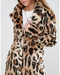 Glamorous Shawl Collar Coat In Large Scale Leopard Faux Fur