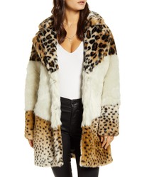 BLANKNYC Weekend Vibes Mixed Print Faux Fur Coat