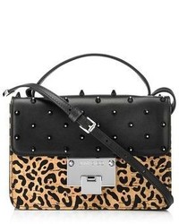 Jimmy Choo Rebel Leopard Print Lasered Cork On Black Mesh And Leather With Crystal Studs Cross Body Bag