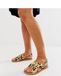ASOS DESIGN Wide Fit Valid Leather Cross Flat Sandals In Leopard