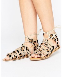 London Rebel Stud Leather Ghillie Leopard Sandal
