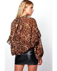 Boohoo Cara Leopard Print Ruffle Sleeve Tie Neck Blouse