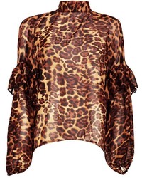 Boohoo Cara Leopard Print Ruffle Sleeve Tie Neck Blouse