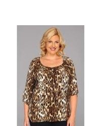 Karen Kane Plus Blouson Sleeve Top Wplacket Blouse Leopard