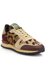 Valentino Leopard Print Calf Hair Leather Suede Sneakers